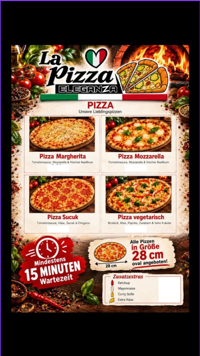 Snaks Speisekarte mit Pizza und Extras